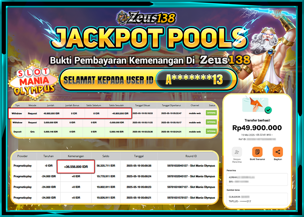 ZEUS138 SLOT MANIA OLYMPUS Rp.49.900.000,- LUNAS